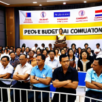 **

"Crowded community meeting in Bangkok. People discuss local budget allocation. Diverse opinions, listening, fairness. Thai script banners, modern architecture in background. Vibrant, realistic."

**