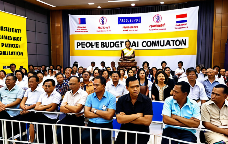 **

"Crowded community meeting in Bangkok. People discuss local budget allocation. Diverse opinions, listening, fairness. Thai script banners, modern architecture in background. Vibrant, realistic."

**