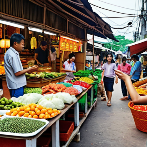 "Local Context & Digital Integration"**
    A vibrant, bustling scene depicting a traditional Thai local market or community hub. Local vendors and diverse community members are seen interacting, engaged in daily activities. Overlayed are subtle, glowing holographic digital interfaces displaying financial data, mobile payment symbols, and interconnected graphs, seamlessly blending with the traditional setting. The atmosphere is bright, warm, and collaborative, emphasizing the integration of modern technology into everyday local life for sustainable growth and community engagement. Digital art, high detail, realism with a futuristic touch.

2.  **Prompt for