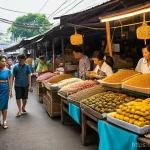 Home 16 지방재정 전문가가 알아야 할 경제학 기본 - **Vibrant Thai Local Market with OTOP Products:** A bustling, sunlit outdoor Thai local market (Tala...