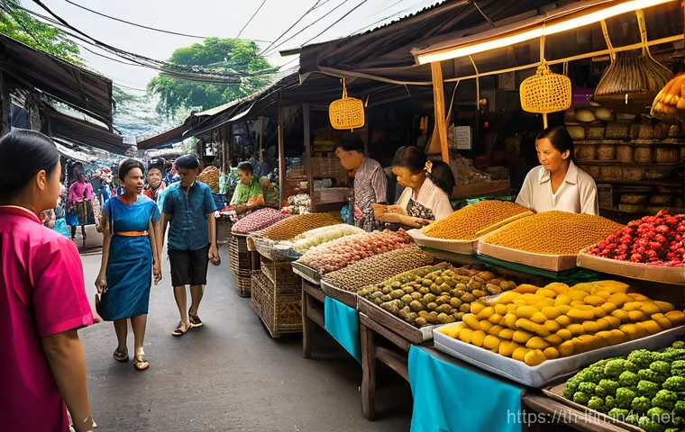 지방재정 전문가가 알아야 할 경제학 기본 - **Vibrant Thai Local Market with OTOP Products:** A bustling, sunlit outdoor Thai local market (Tala...