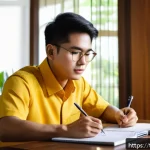 Home 14 지방재정 전문가 시험 합격 후기 - A detailed study scene of a young Thai professional sitting at a wooden desk in a modern home office...