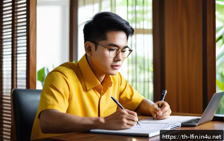 지방재정 전문가 시험 합격 후기 - A detailed study scene of a young Thai professional sitting at a wooden desk in a modern home office...