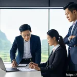Home 19 지방재정분야 이직 성공 비결 - A professional Thai finance team meeting in a modern office, diverse group of men and women in busin...