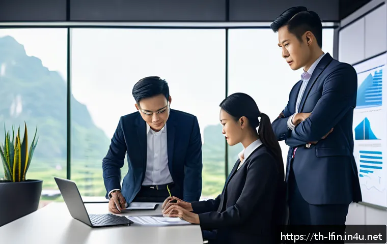 지방재정분야 이직 성공 비결 - A professional Thai finance team meeting in a modern office, diverse group of men and women in busin...